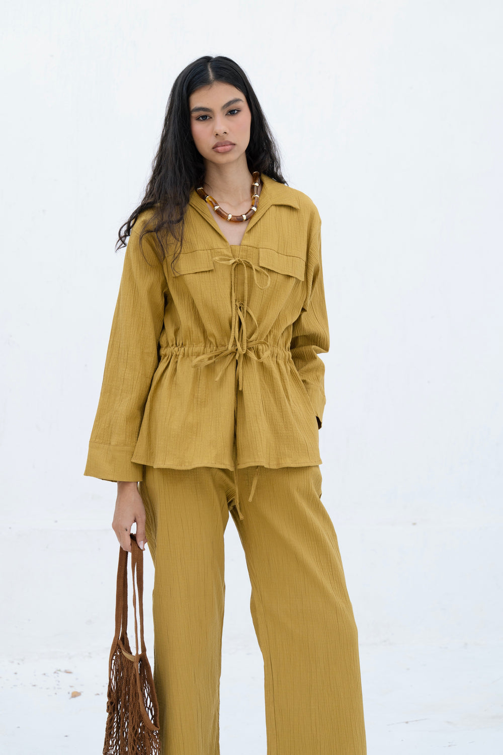Crinkled Front Tie Set in Mustard