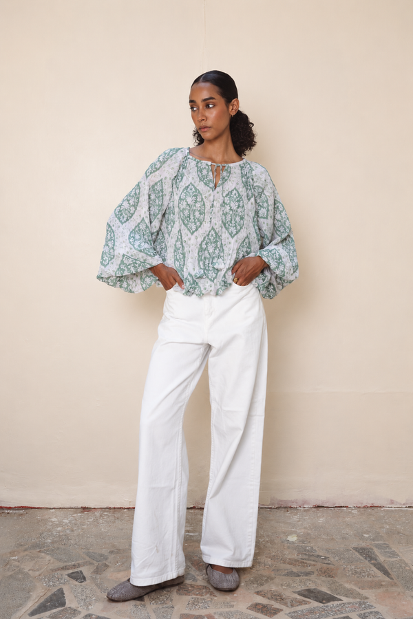 Pleated Balloon Blouse in Green