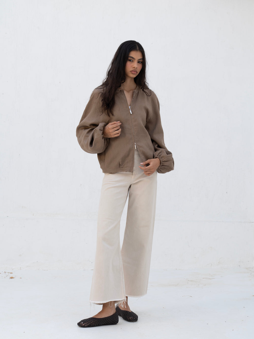 Linen Bomber Jacket in Light Brown