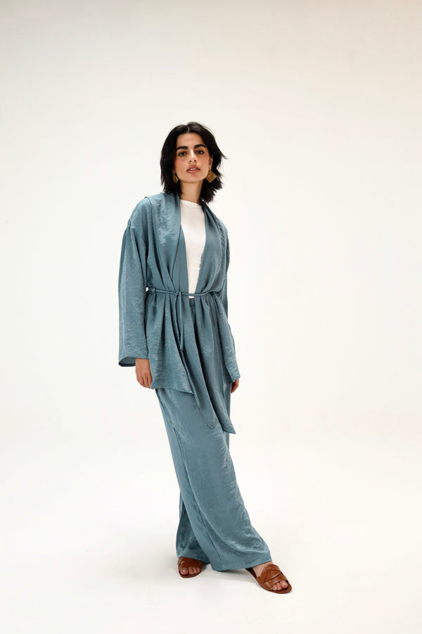 Satin Wrap Kimono Set in Dusty Blue