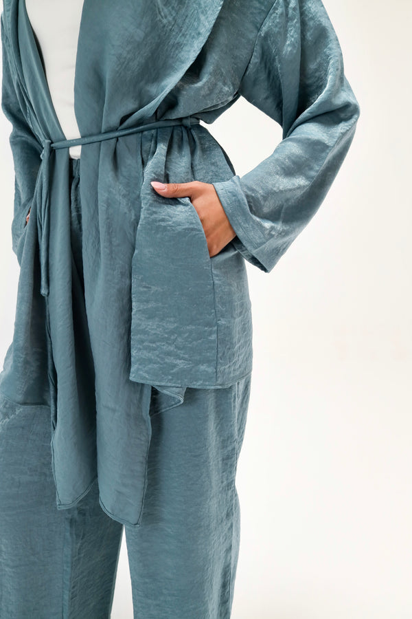 Satin Wrap Kimono Set in Dusty Blue