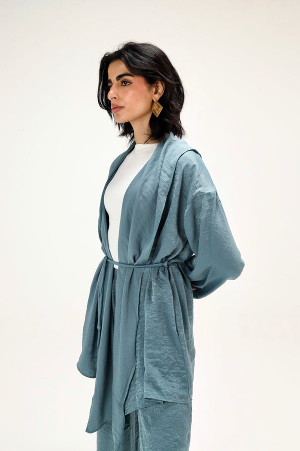 Satin Wrap Kimono Set in Dusty Blue