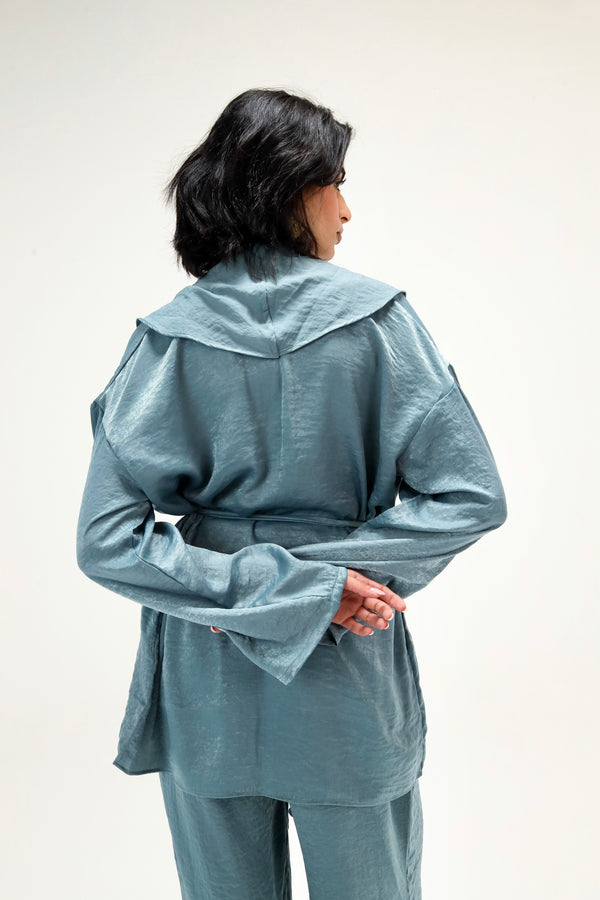 Satin Wrap Kimono Set in Dusty Blue