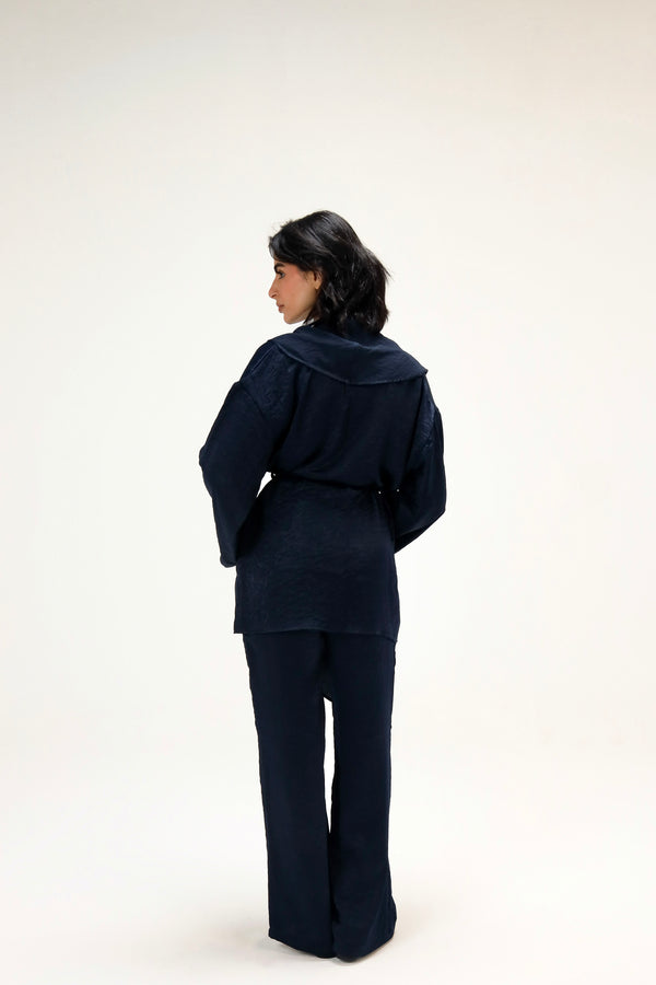 Satin Wrap Kimono Set in Navy