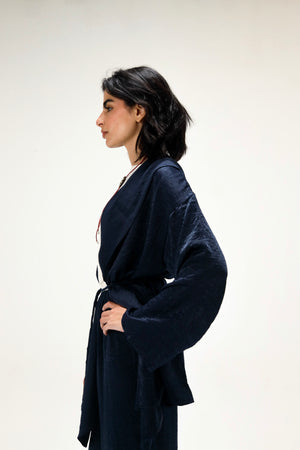 Satin Wrap Kimono Set in Navy