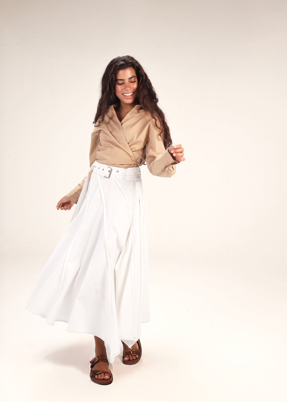 Belted Poplin Skirt in White