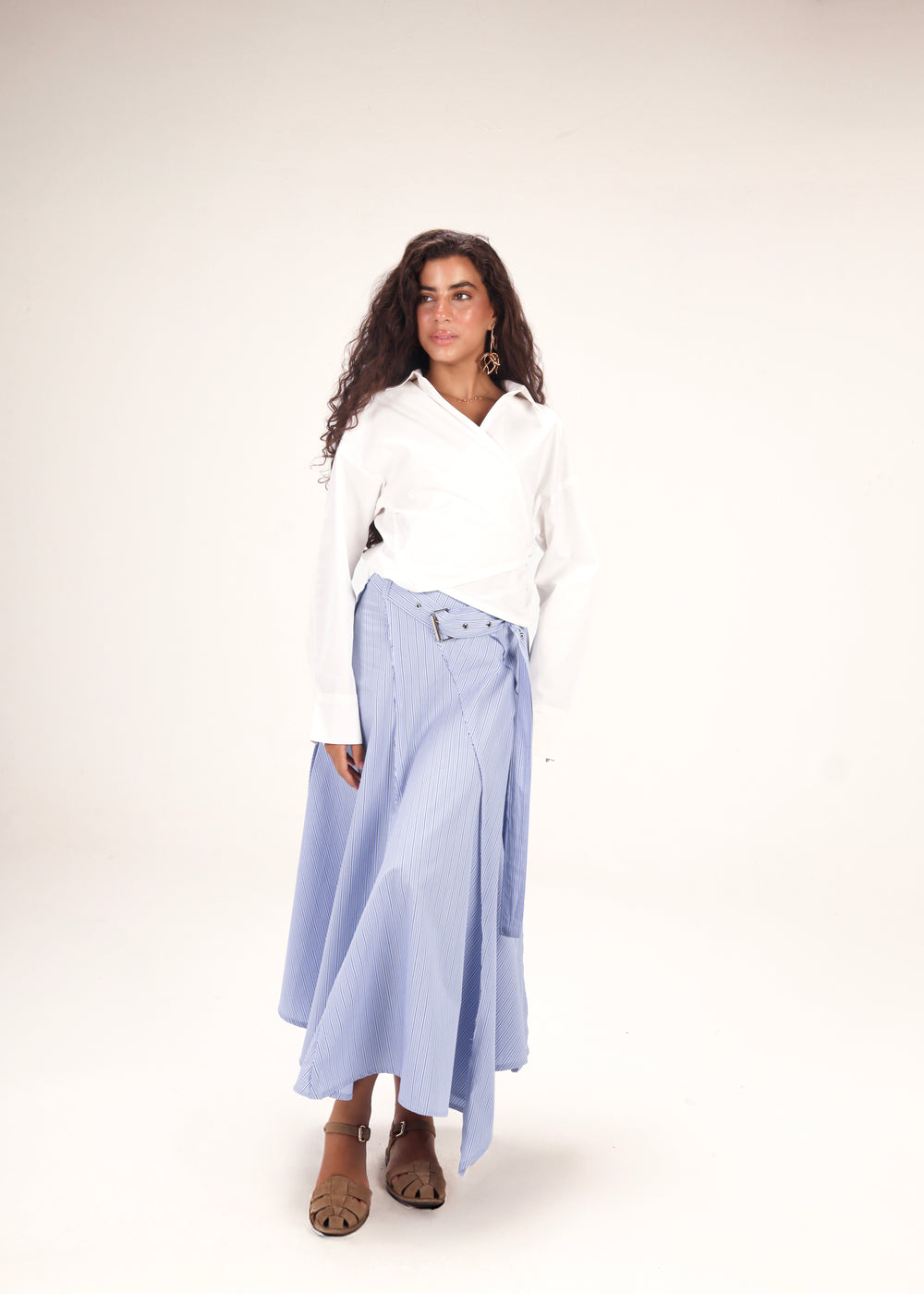 Belted Poplin Skirt in Blue