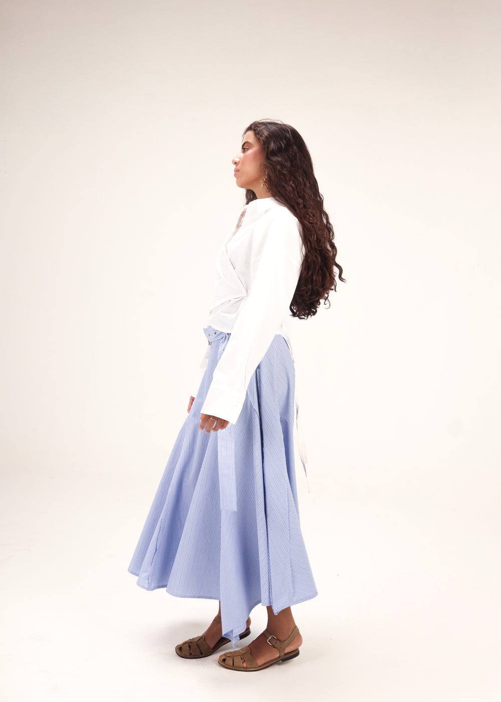 Belted Poplin Skirt in Blue
