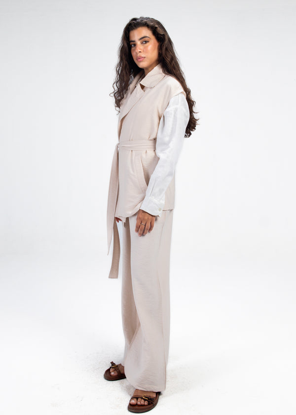 Crinkled Vest Set in Beige
