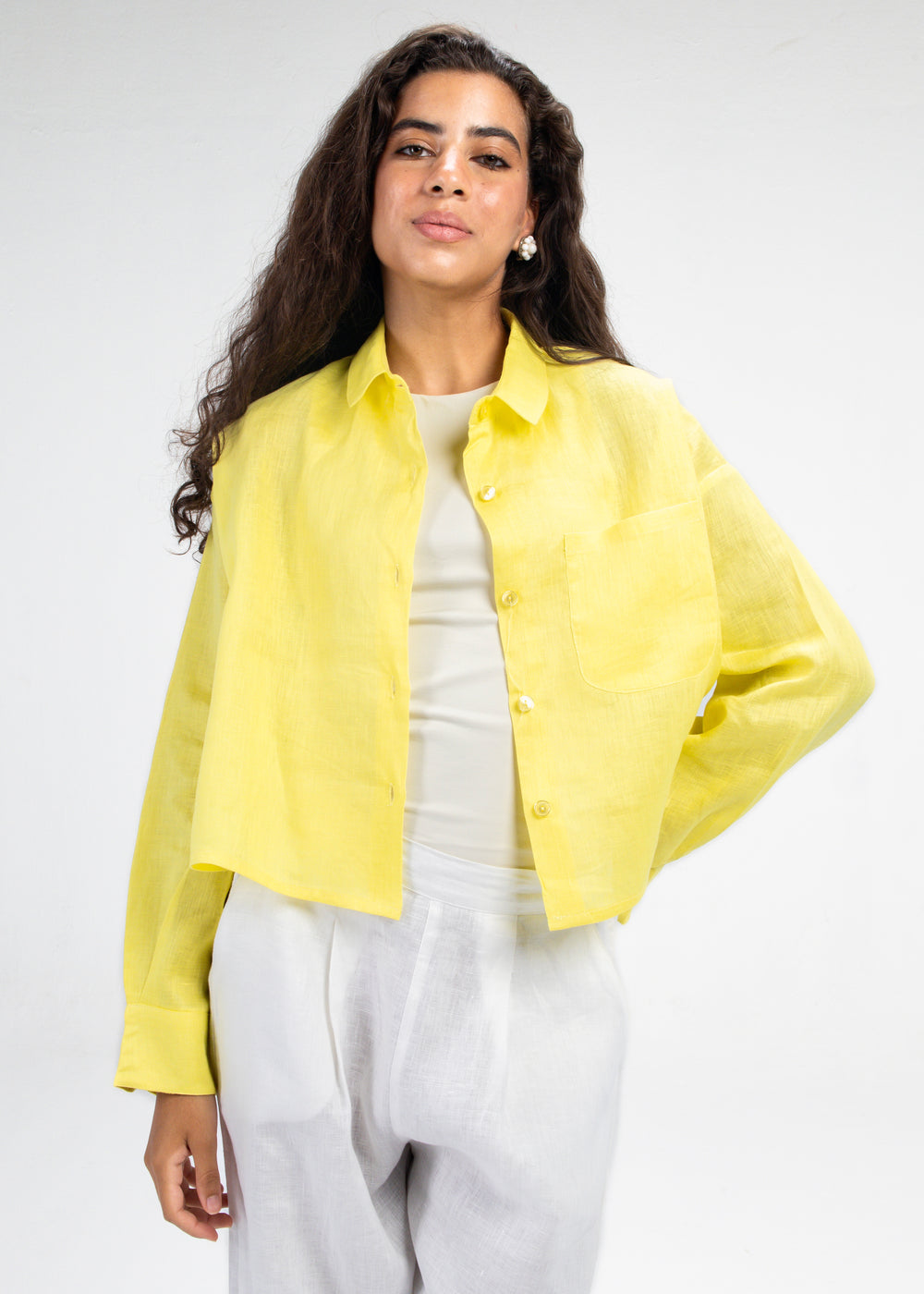 Cropped Linen Shirt in Yellow