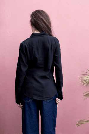 Crinkled Tie Wrap Shirt in Black