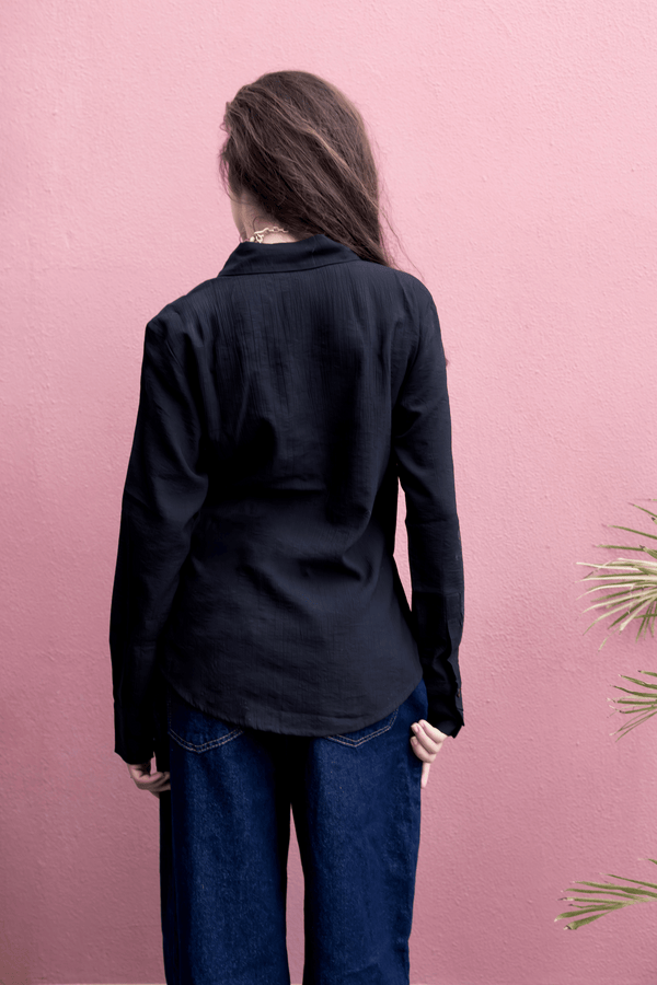 Crinkled Tie Wrap Shirt in Black
