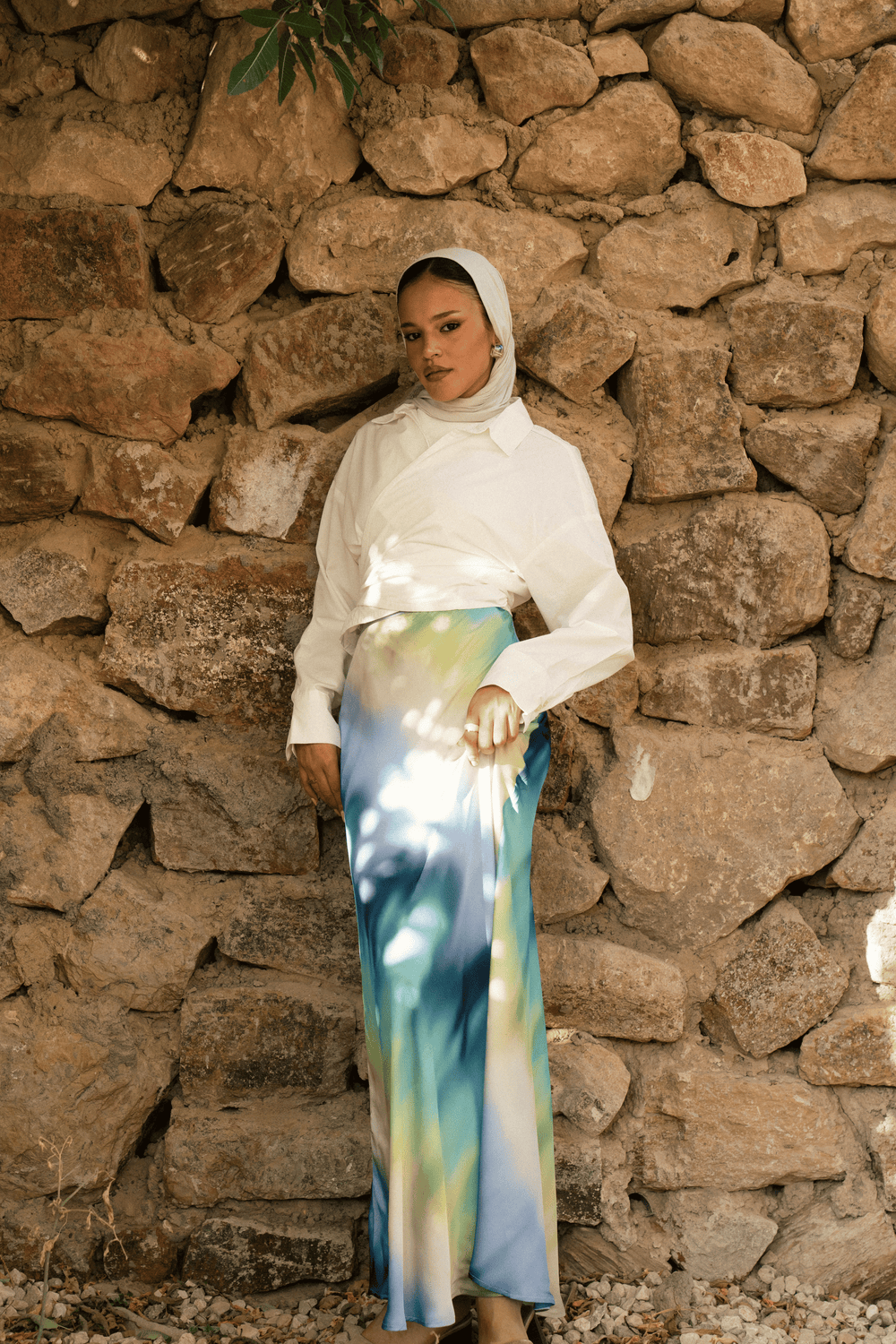 Satin Skirt in Blue Print