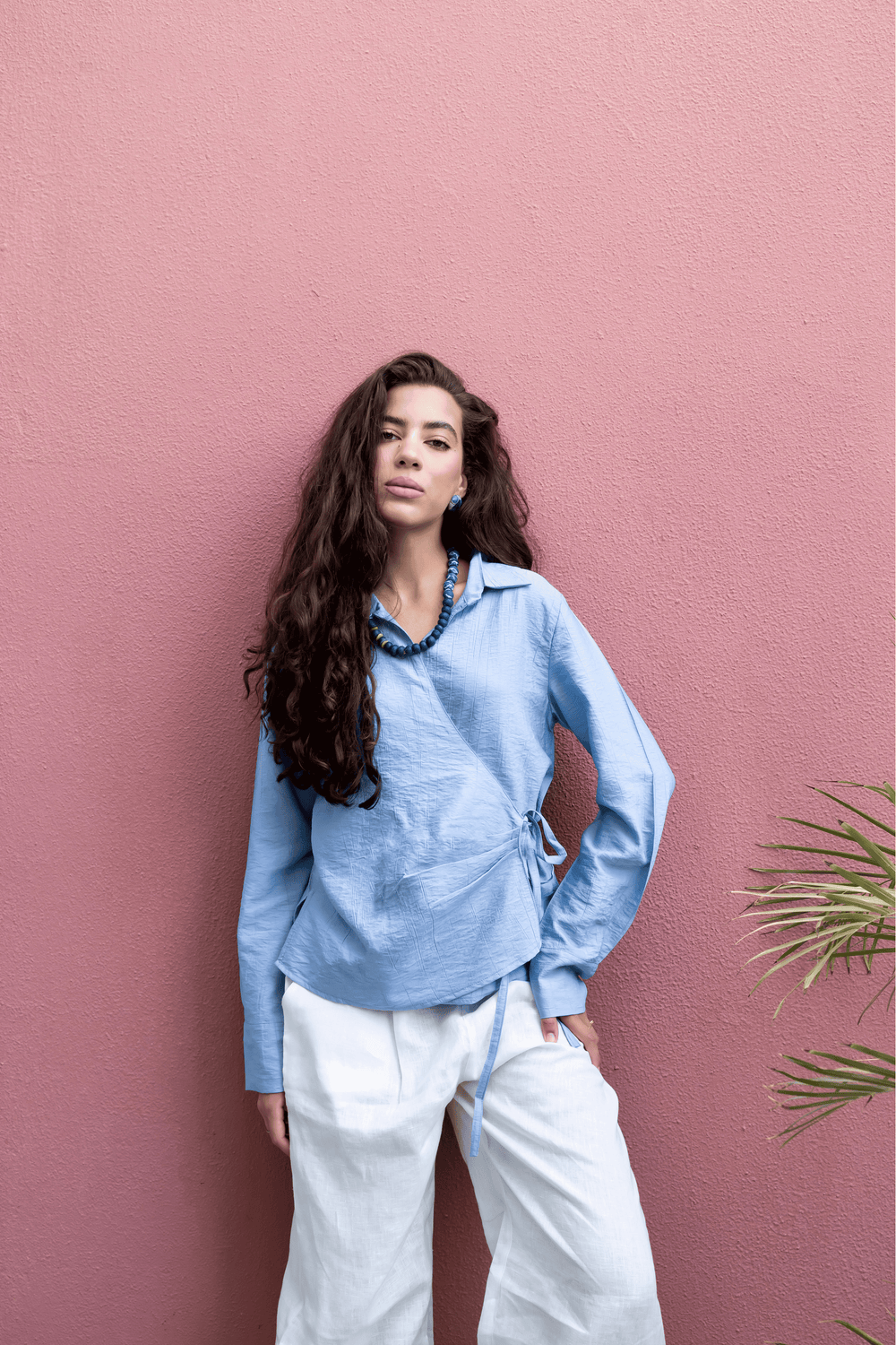 Crinkled Tie Wrap Shirt in Steel Blue