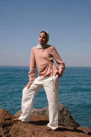 Crinkled Tie Wrap Shirt in Peach