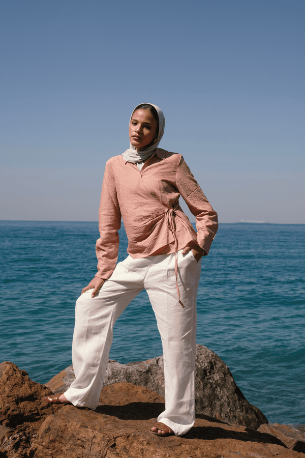 Crinkled Tie Wrap Shirt in Peach