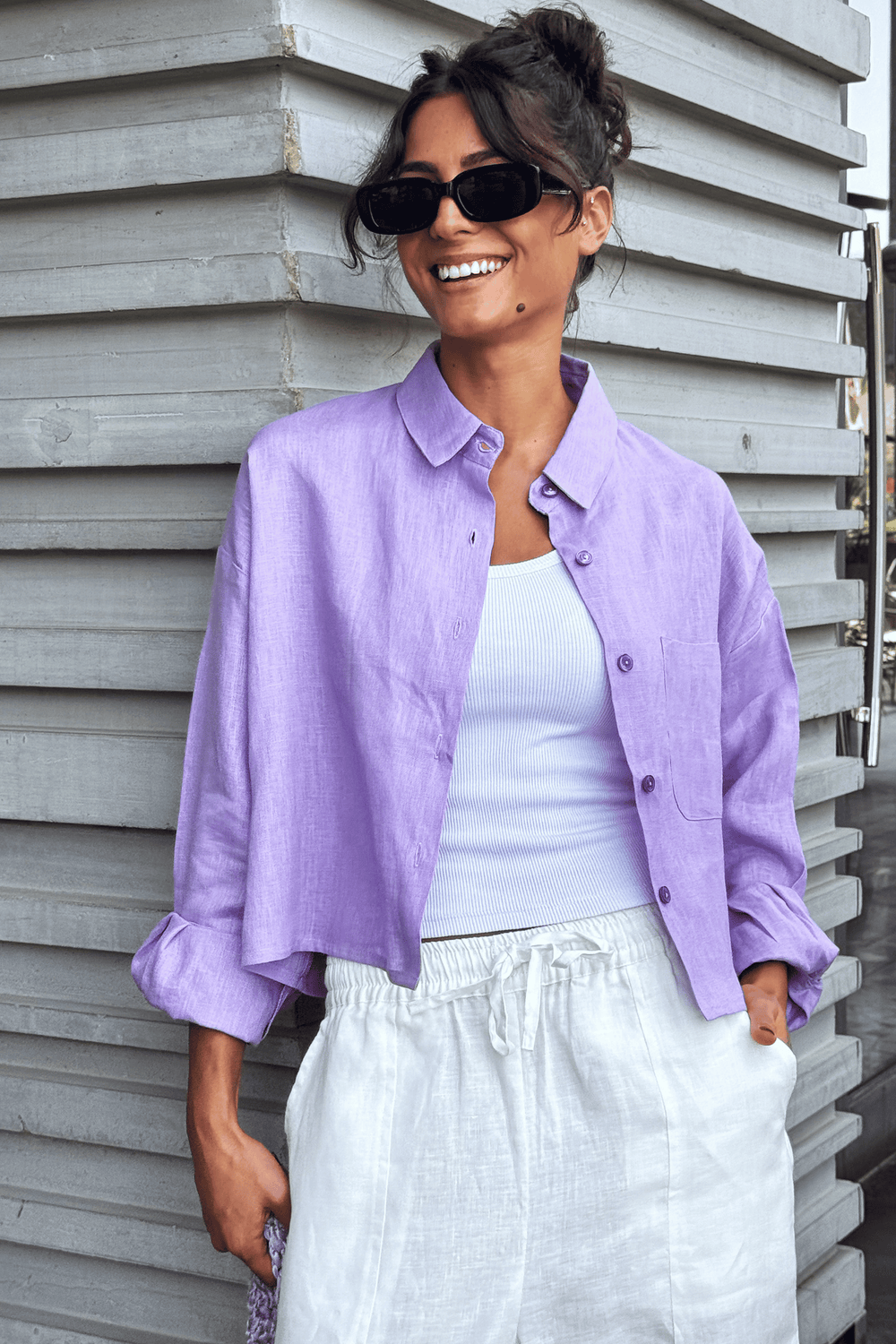 Cropped Linen Shirt in Lilac