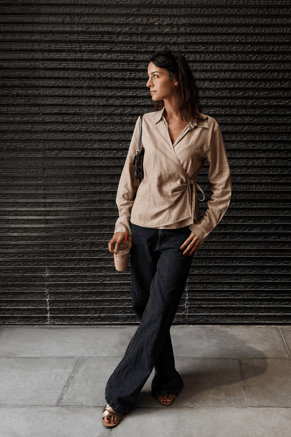 Crinkled Tie Wrap Shirt in Camel