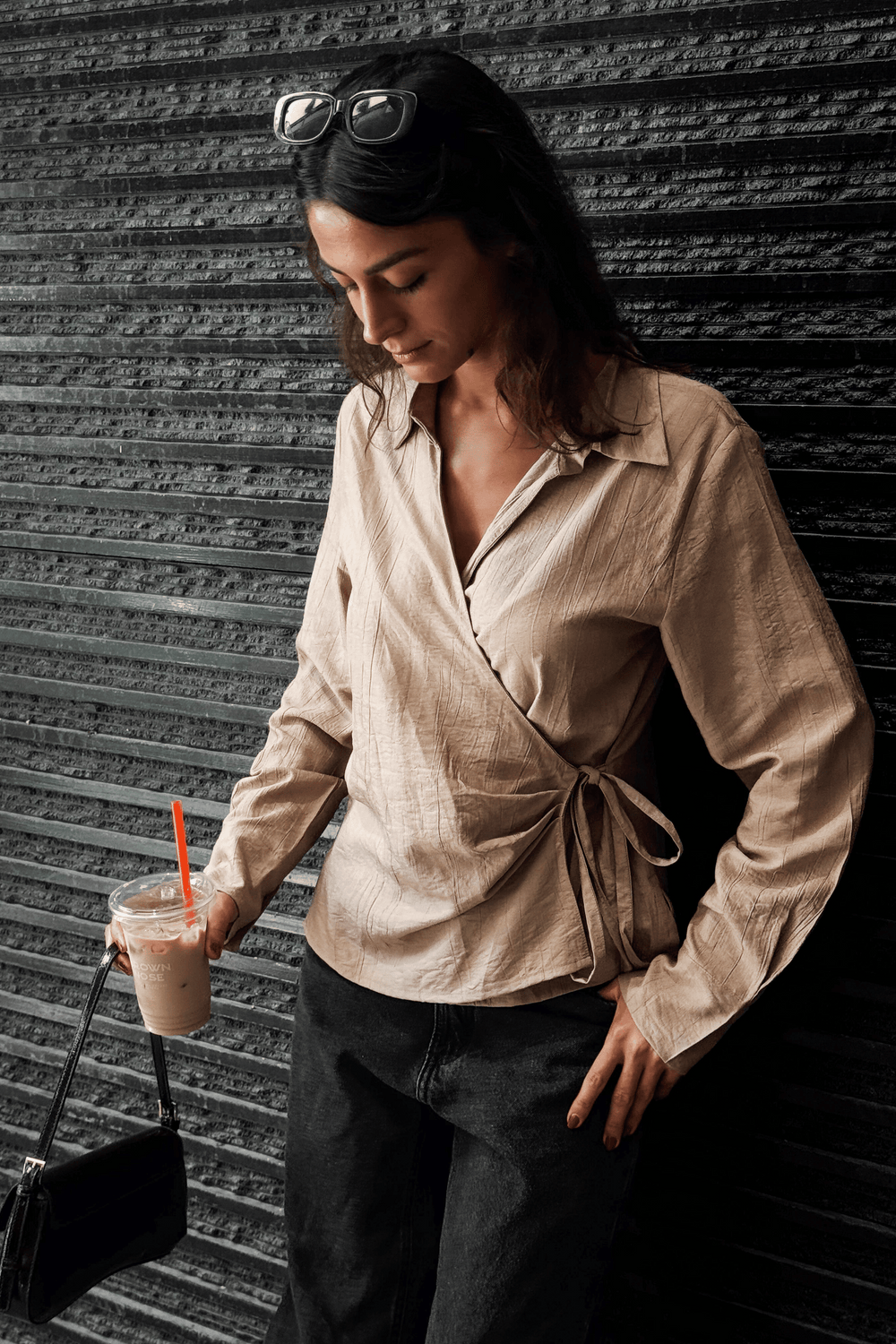 Crinkled Tie Wrap Shirt in Camel