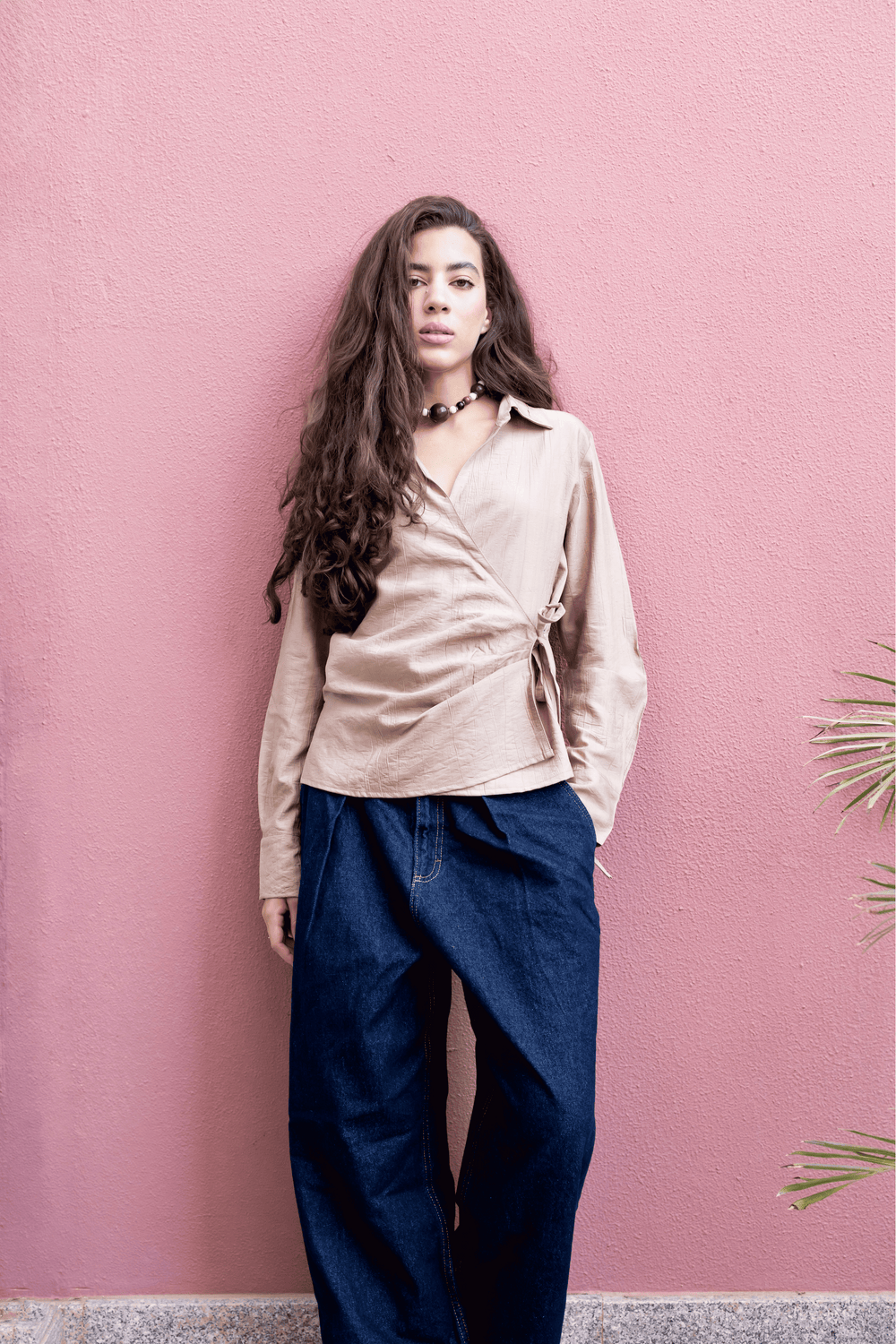 Crinkled Tie Wrap Shirt in Camel
