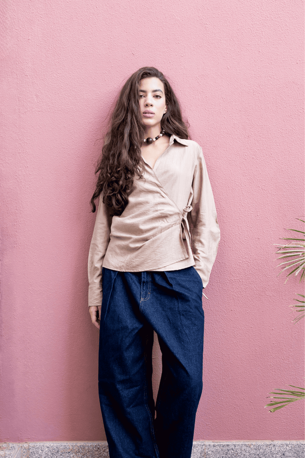 Crinkled Tie Wrap Shirt in Camel
