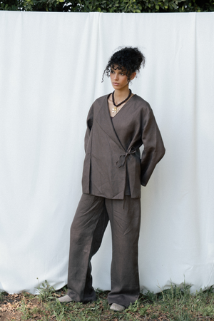 Linen Wrap top in Brown