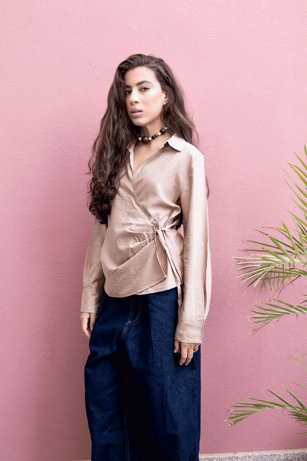 Crinkled Tie Wrap Shirt in Camel