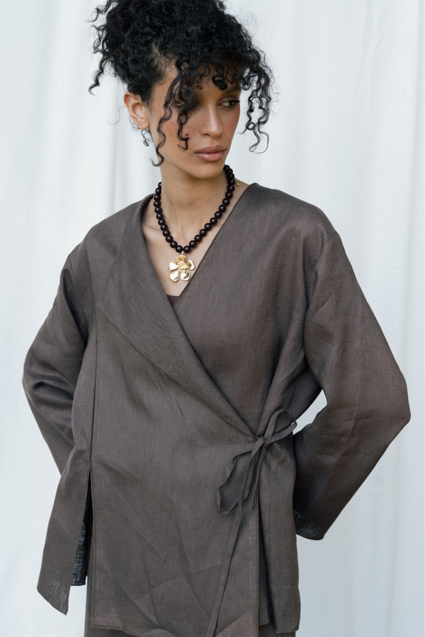 Linen Wrap top in Brown
