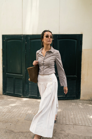 Pleated Linen Skirt in Beige