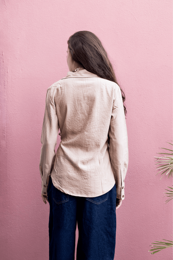 Crinkled Tie Wrap Shirt in Camel