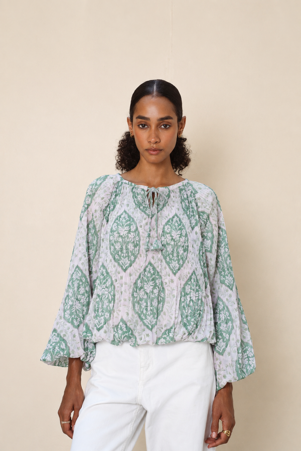 Pleated Balloon Blouse in Green