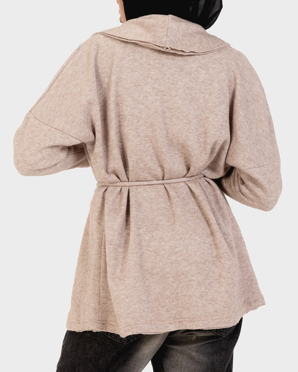 Knitted Belted Cardigan in Beige