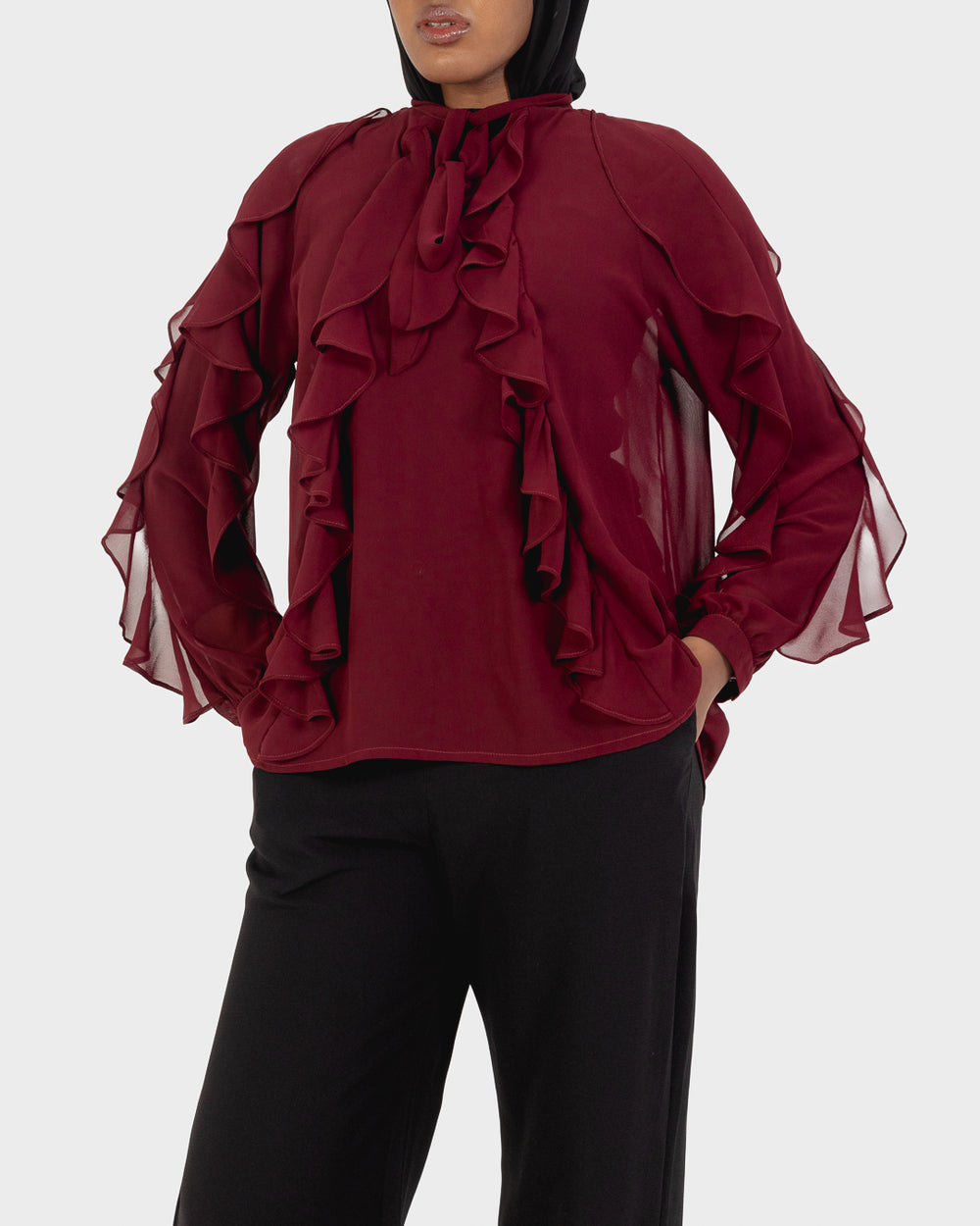 Chiffon Ruffled Blouse in Burgundy