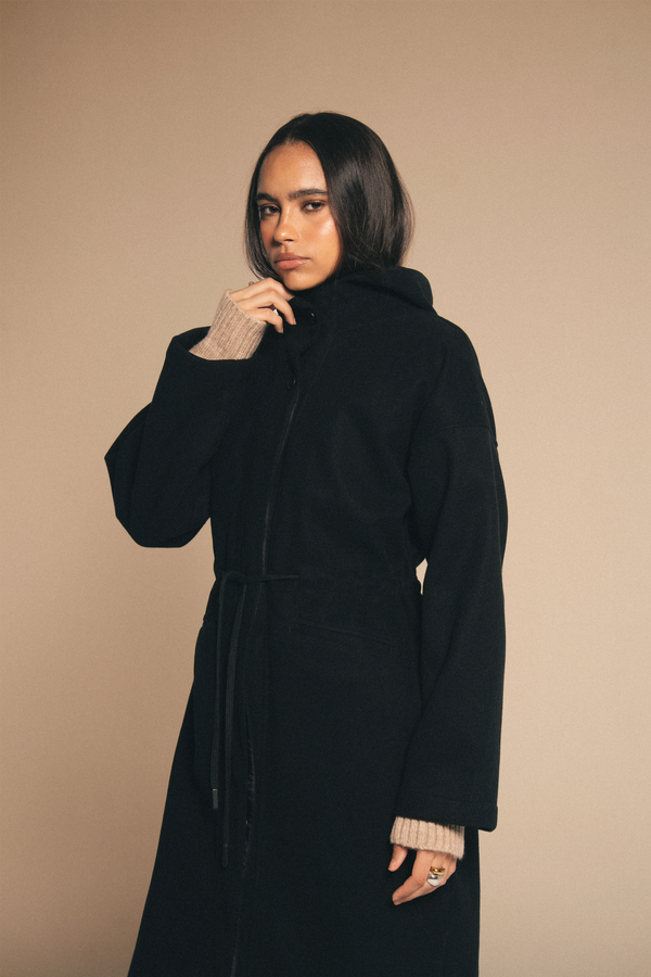 Drawstring Wool Coat in Black