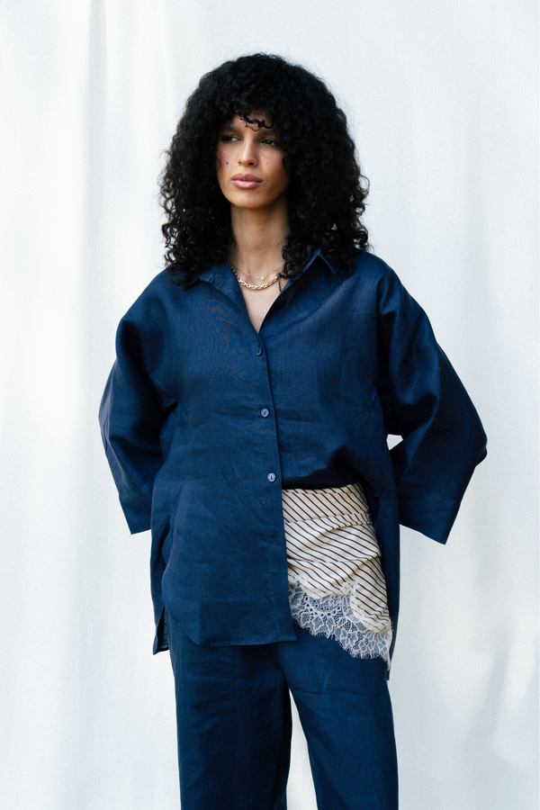 Oversized Linen Shirt in Navy