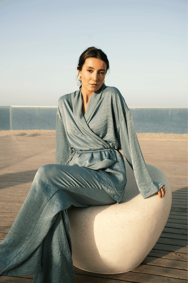 Satin Wrap Kimono Set in Dusty Blue