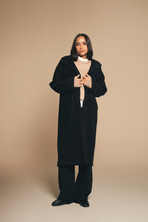 Drawstring Wool Coat in Black