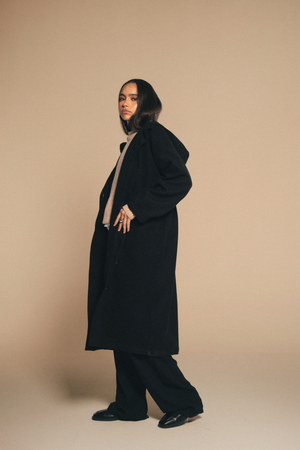 Drawstring Wool Coat in Black