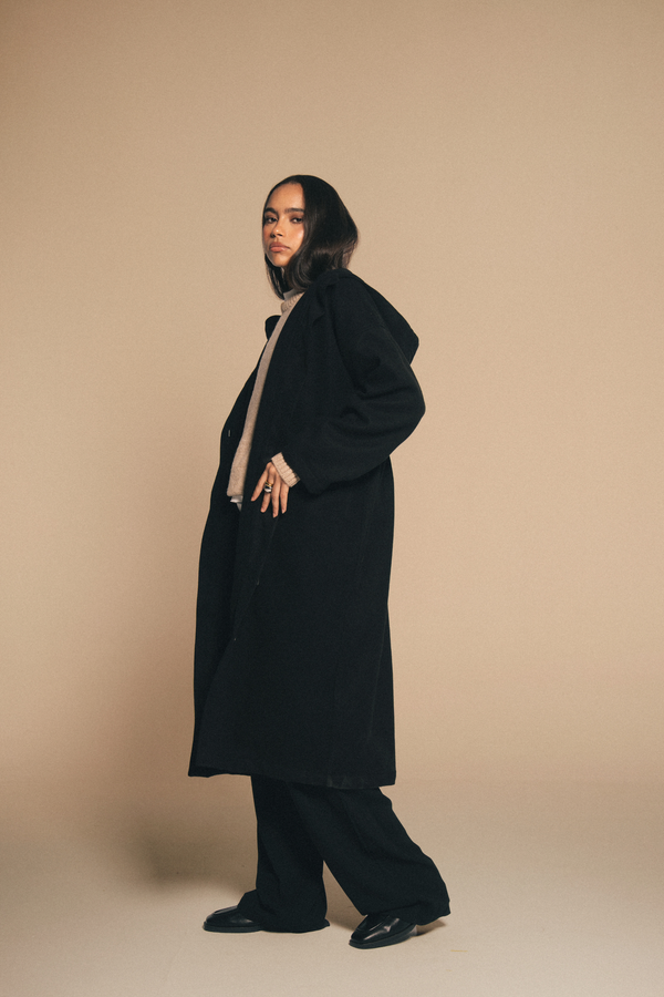 Drawstring Wool Coat in Black