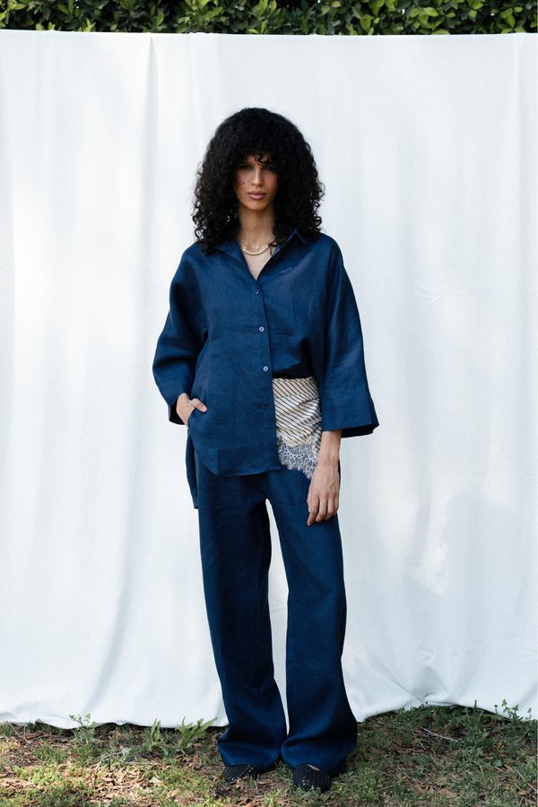 Oversized Linen Shirt in Navy