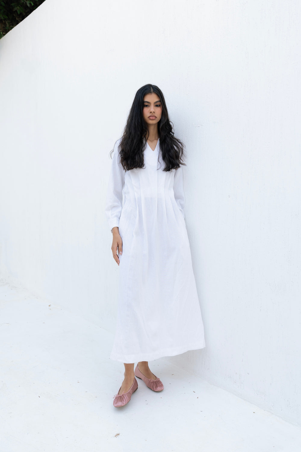 Linen Pleated Midi Dress in Off White