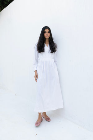 Linen Pleated Midi Dress in Off White