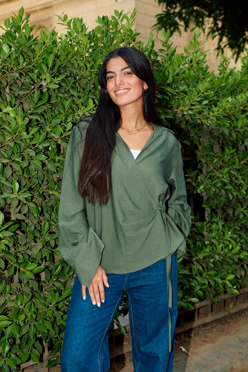 Crinkled Tie Wrap Shirt in Olive