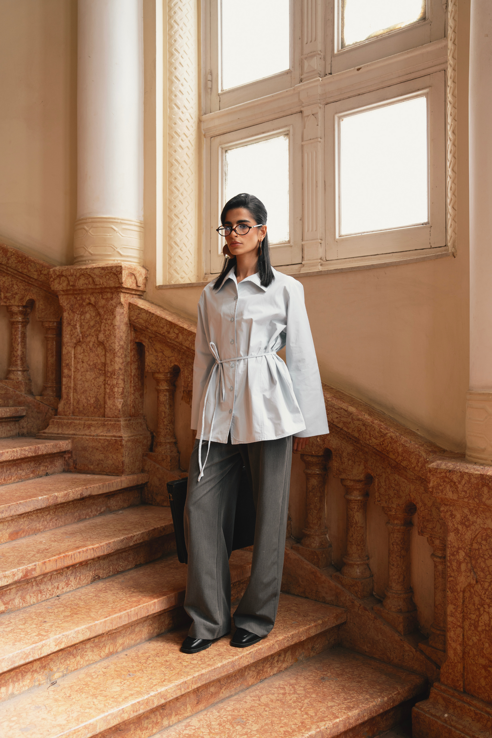 Belted Poplin Shirt in Blue