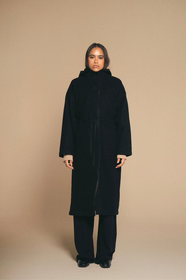 Drawstring Wool Coat in Black
