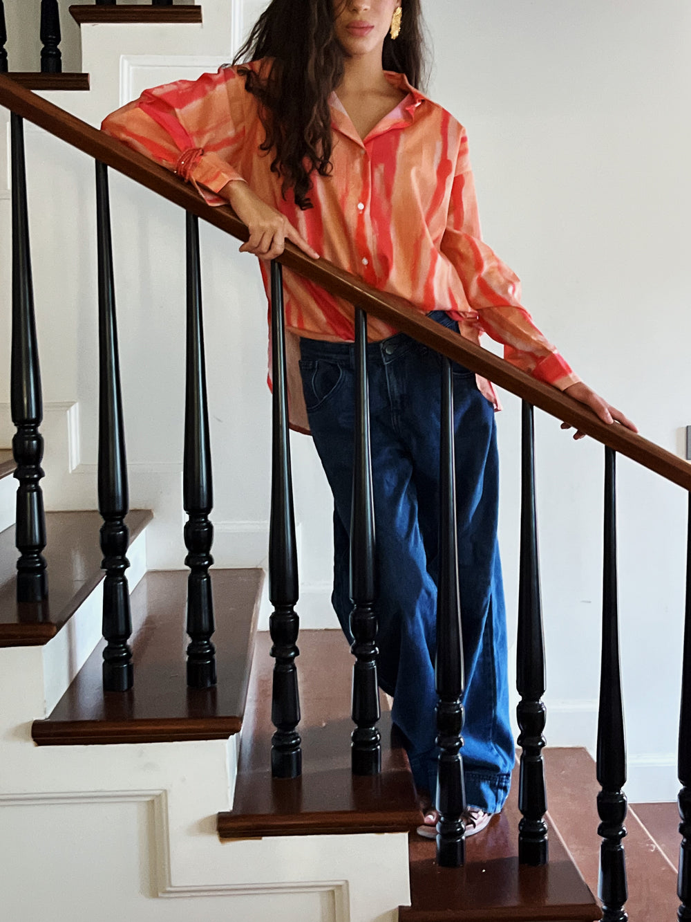 Printed Cotton Shirt in Peach Orange