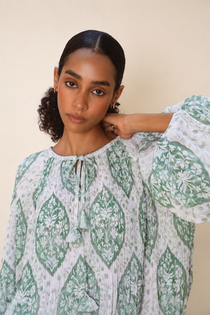 Pleated Balloon Blouse in Green