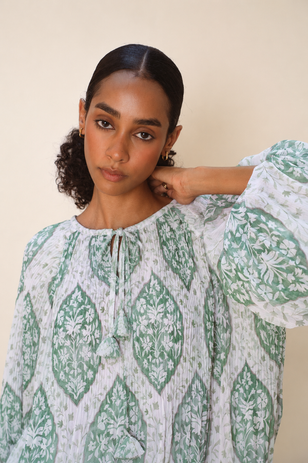 Pleated Balloon Blouse in Green