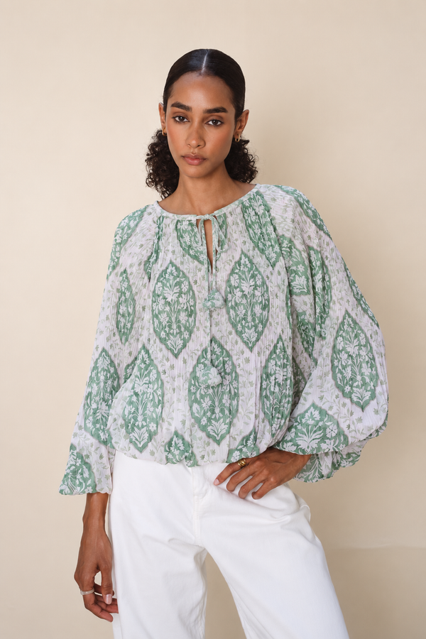 Pleated Balloon Blouse in Green