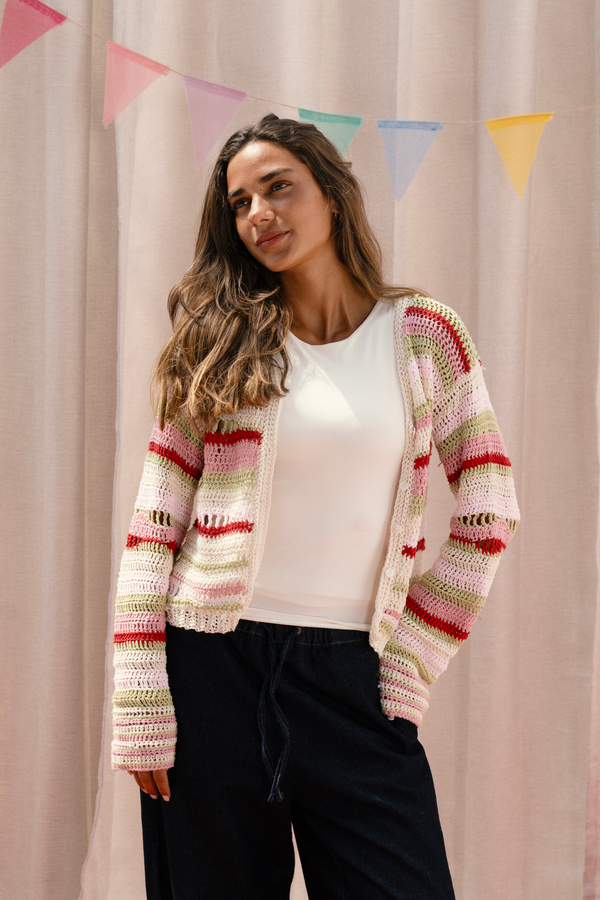 Multi-Stripe Crochet Cardigan